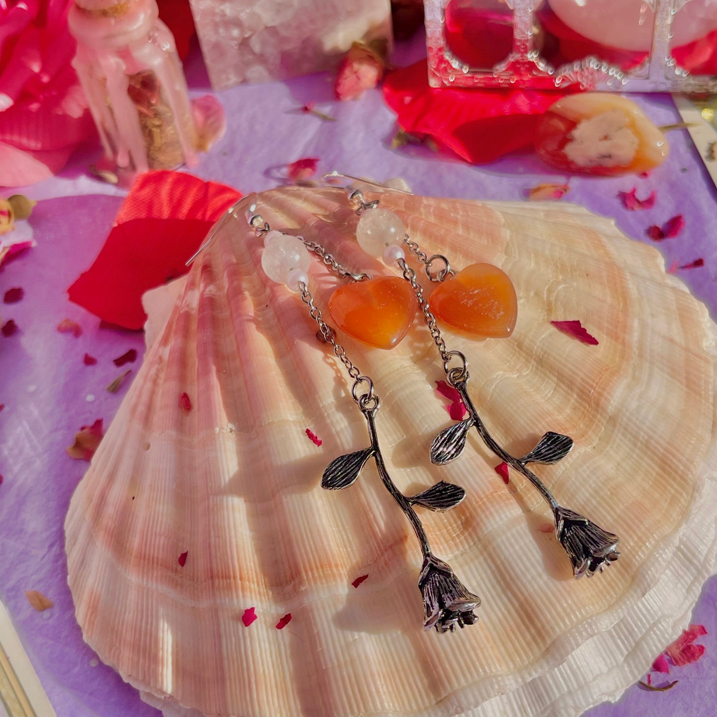 hearts & roses earrings on 925 sterling silver hooks ~ carnelian & rose quartz