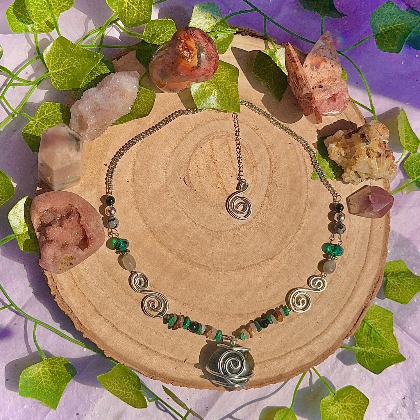 natures transformation necklace ~ labradorite, malachite, obsidian, snowflake obsidian, tigers eye, quartz