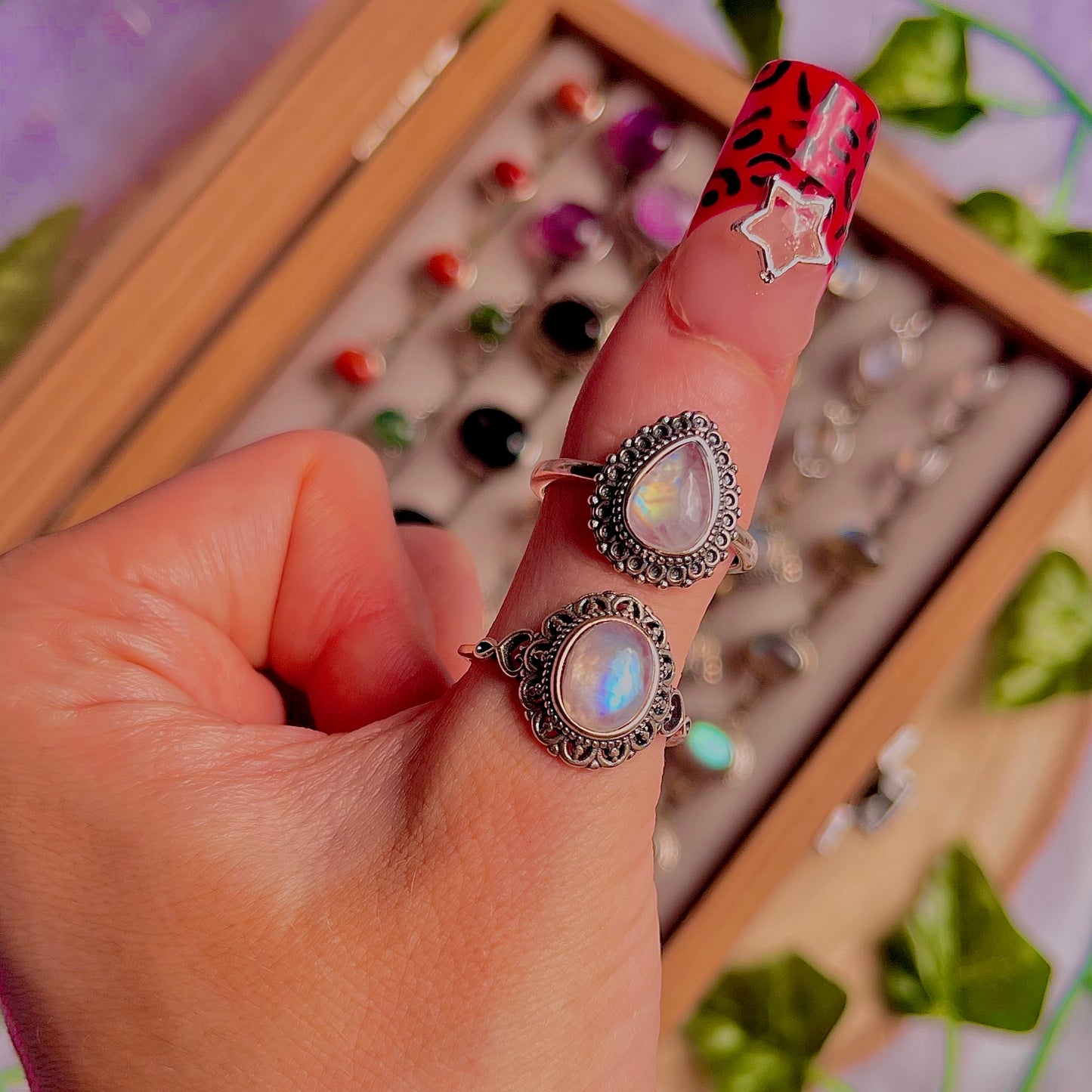 rainbow moonstone style C ~ 925 sterling silver adjustable rings / choose your own