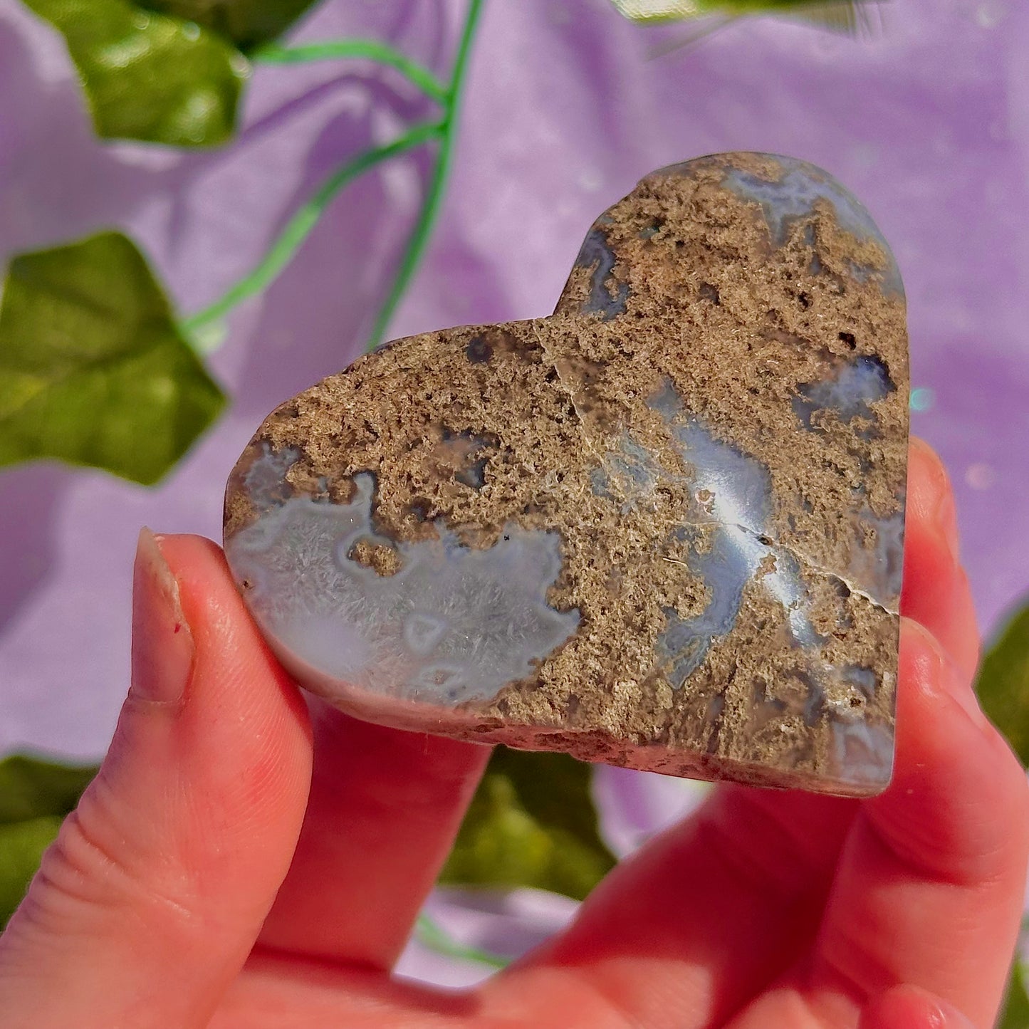 moss agate heart carving with stand