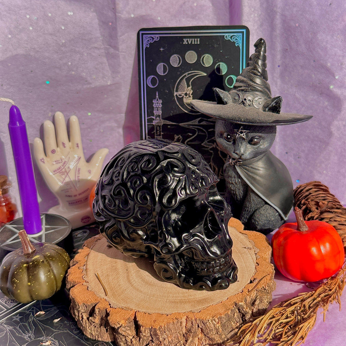 obsidian flower skull carving