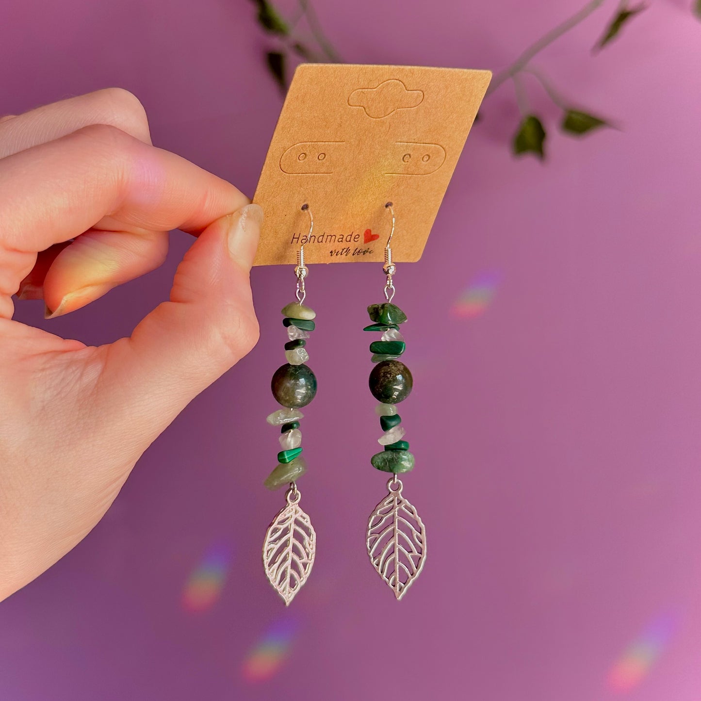 leaf earrings on 925 hooks ~ aventurine, malachite, moss agate, fluorite