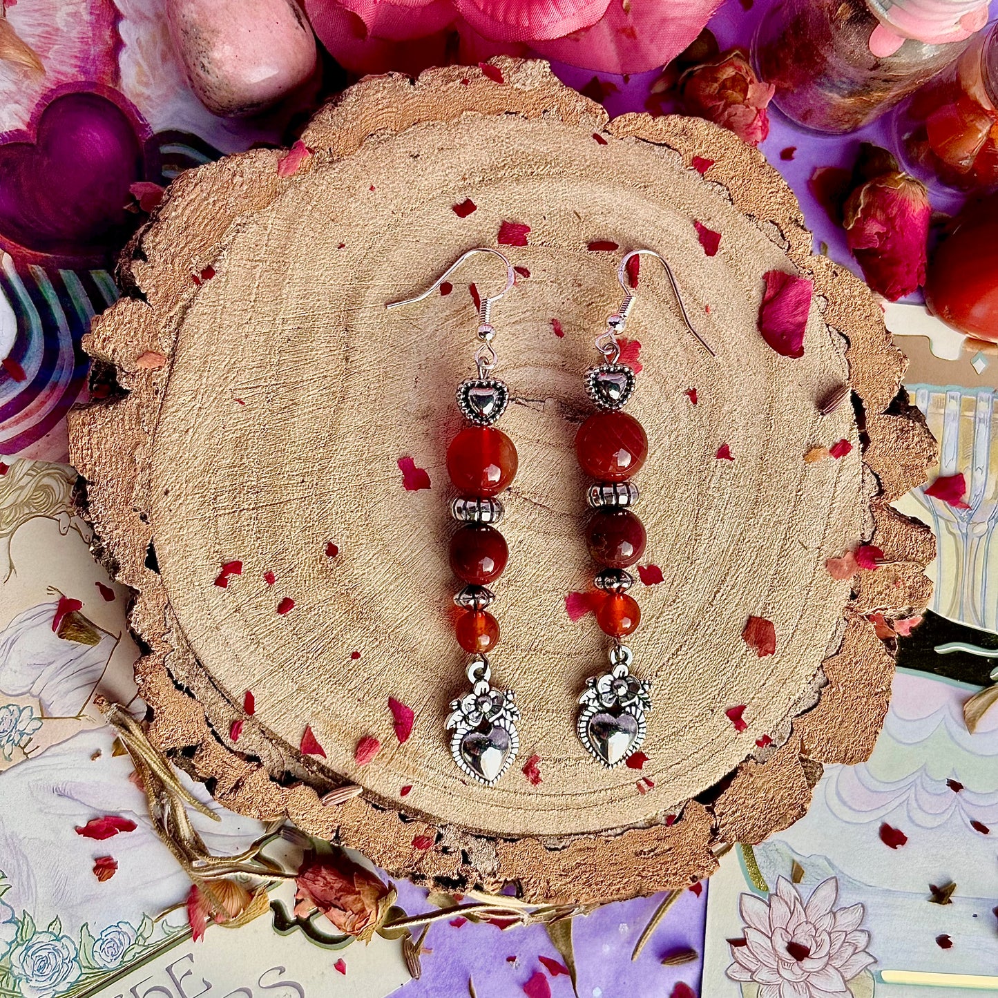 boucles d'oreilles cœur en cornaline et mookite ~ argent sterling sur crochets 925