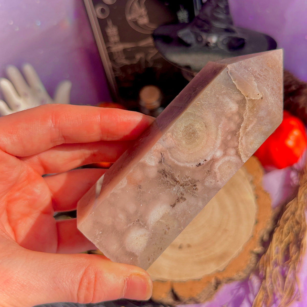 pink amethyst x flower agate chunky tower with dendrites