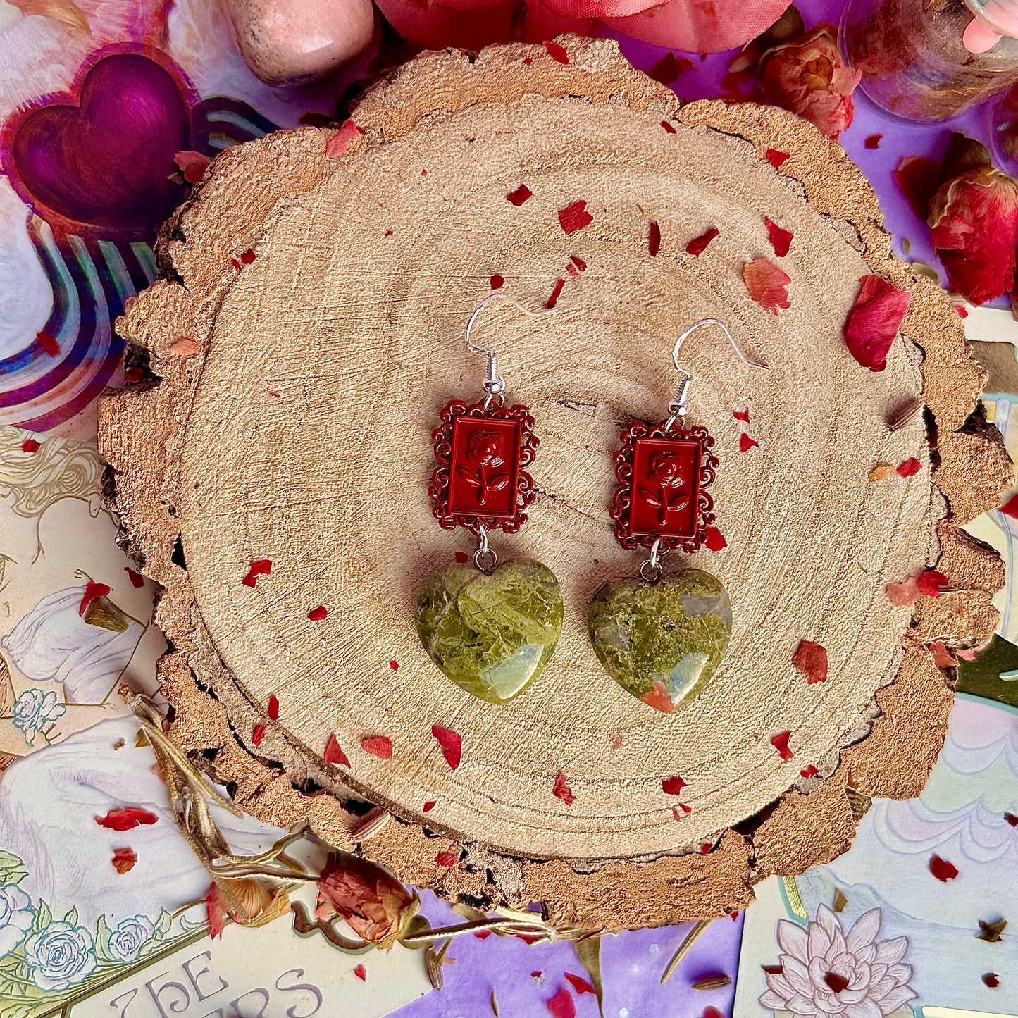 boucles d'oreilles cadre en unakite rose ~ argent massif sur crochets 925