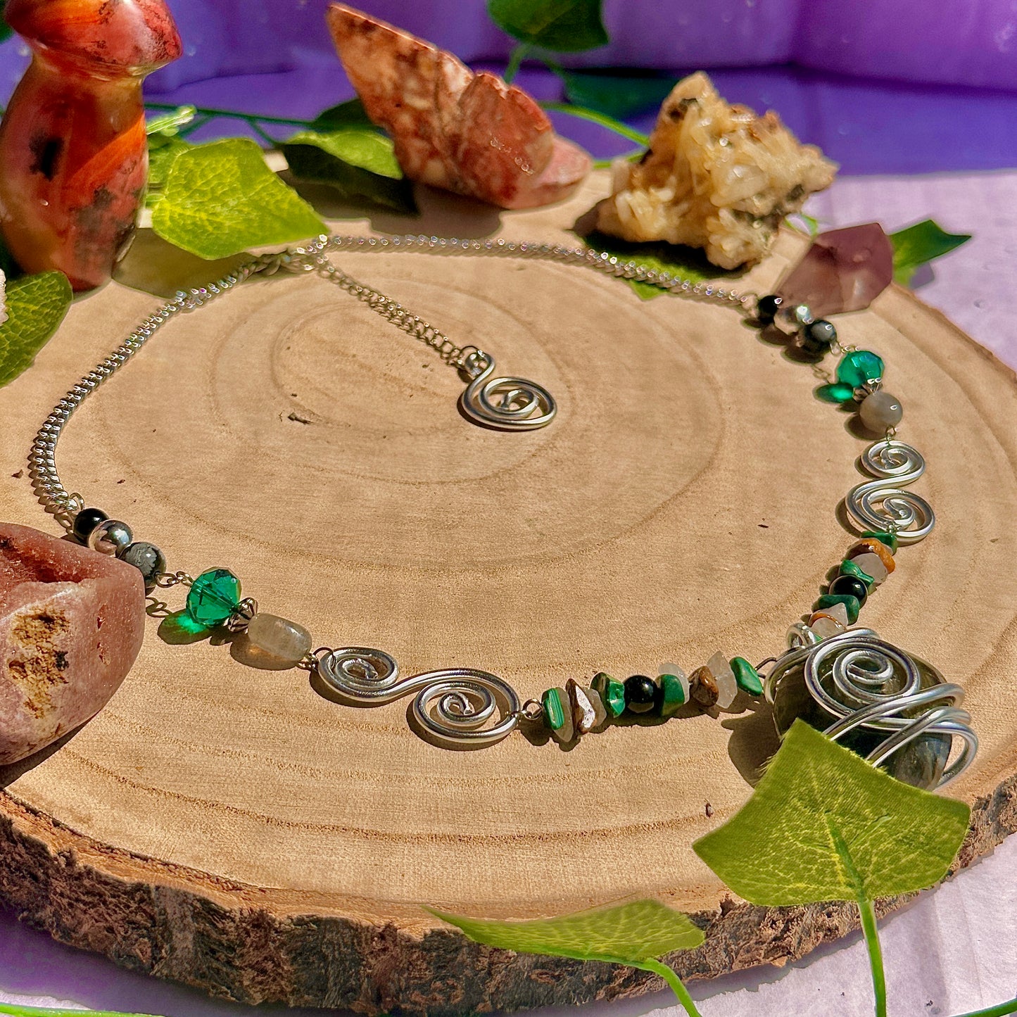 natures transformation necklace ~ labradorite, malachite, obsidian, snowflake obsidian, tigers eye, quartz