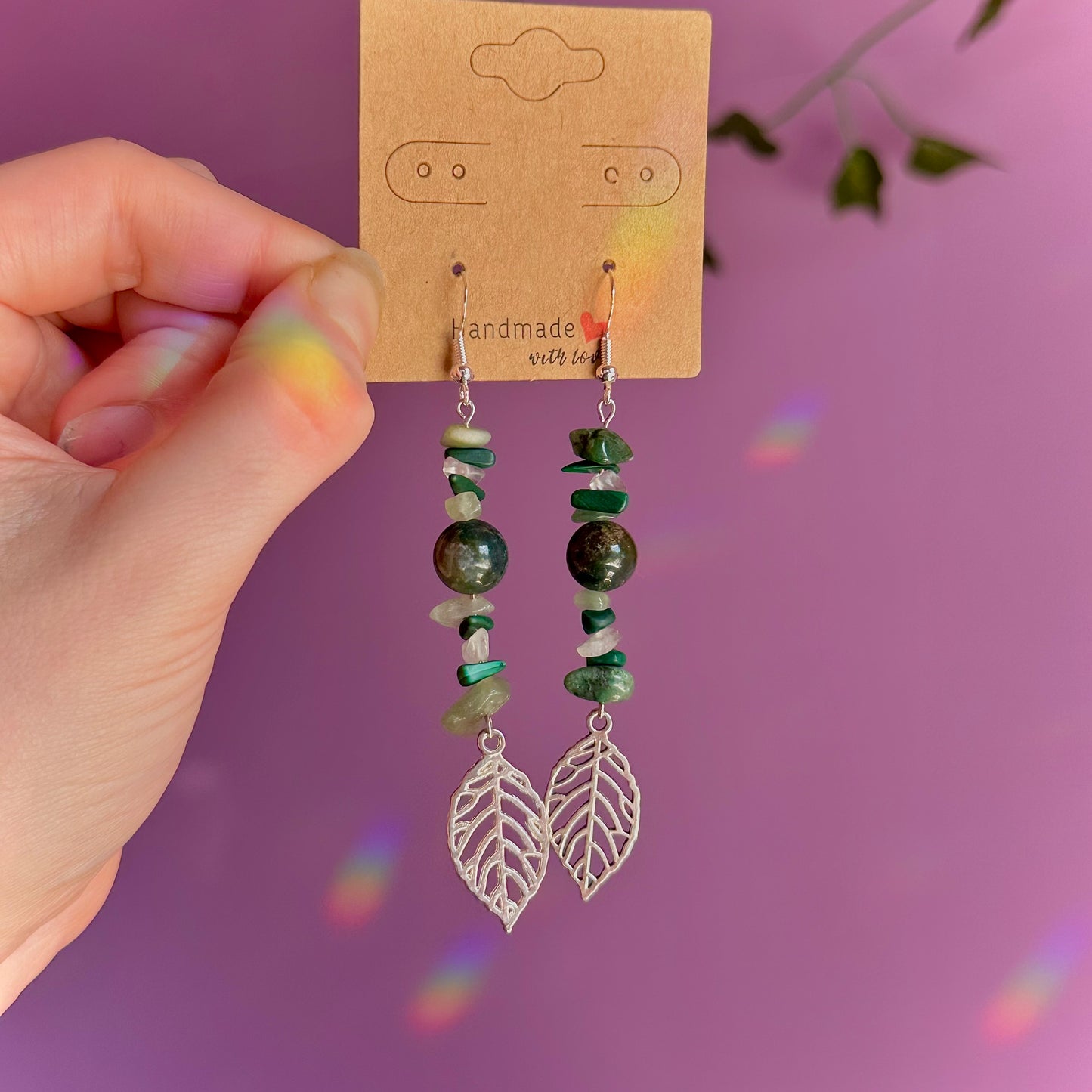 leaf earrings on 925 hooks ~ aventurine, malachite, moss agate, fluorite