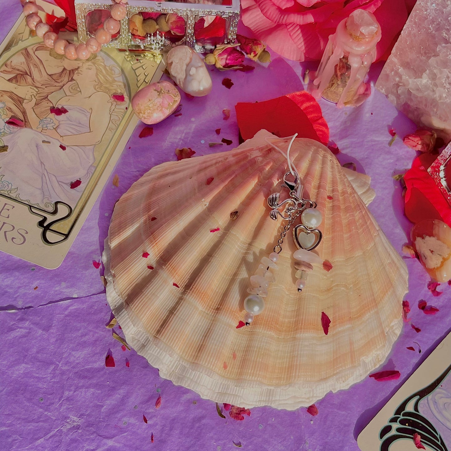 new love phone charm ~ amazonite, moonstone, rhodonite, rose quartz & faux pearls