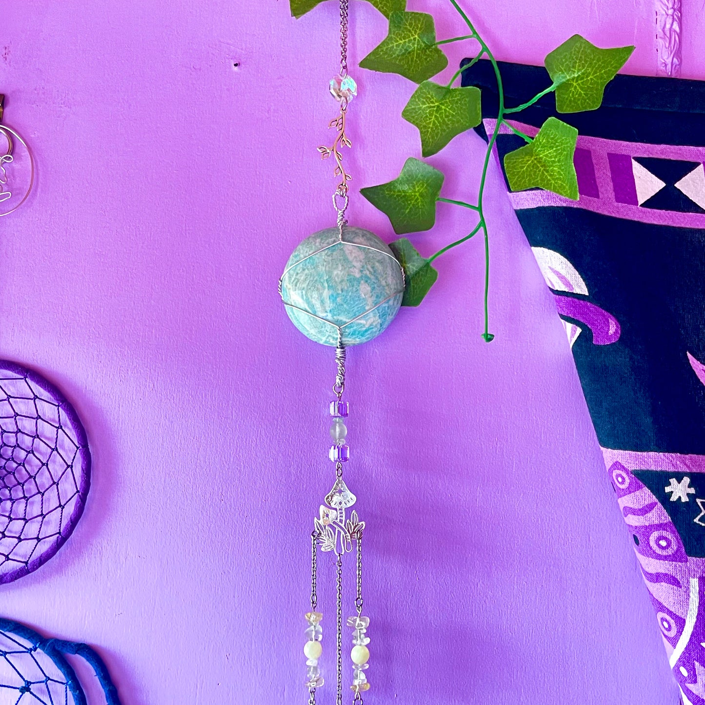 the magick tree sun catcher - amazonite, fluorite, amethyst, calcite, clear quartz, citrine & angelite