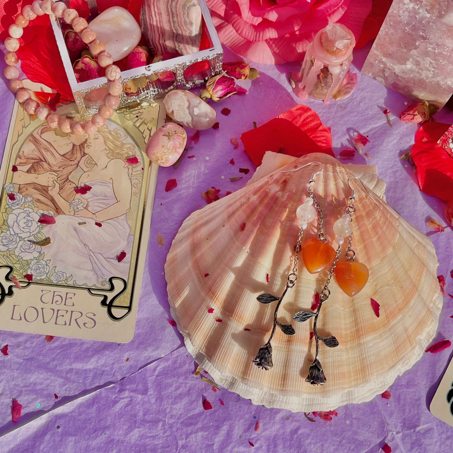 hearts & roses earrings on 925 sterling silver hooks ~ carnelian & rose quartz