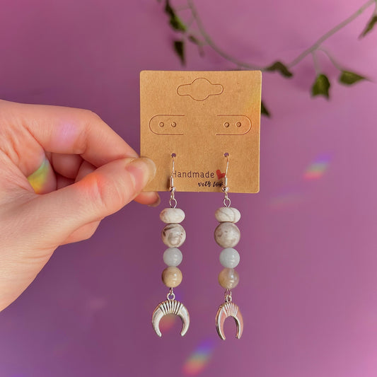 moon earrings on 925 hooks ~ howlite, crazy lace agate, aquamarine, mookaite
