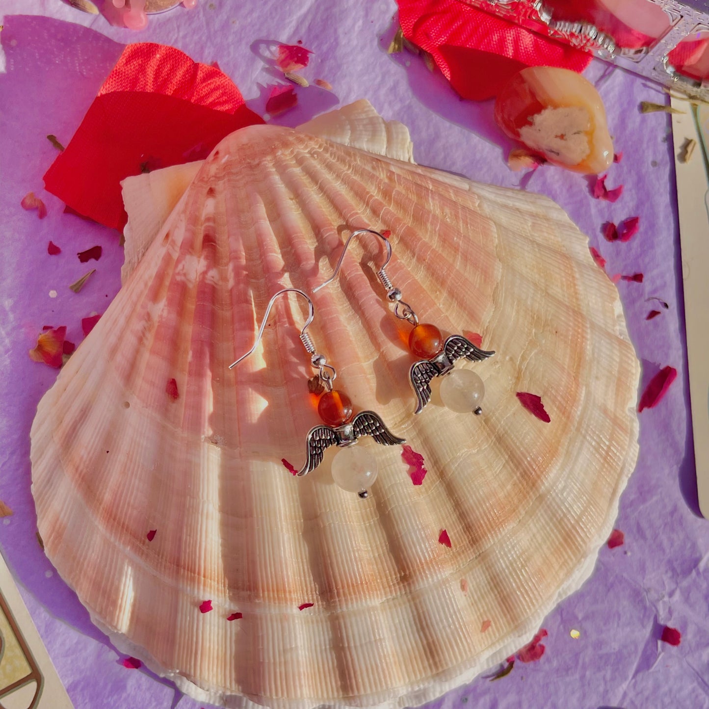 cherub earrings on 925 sterling silver hooks ~ carnelian & rose quartz
