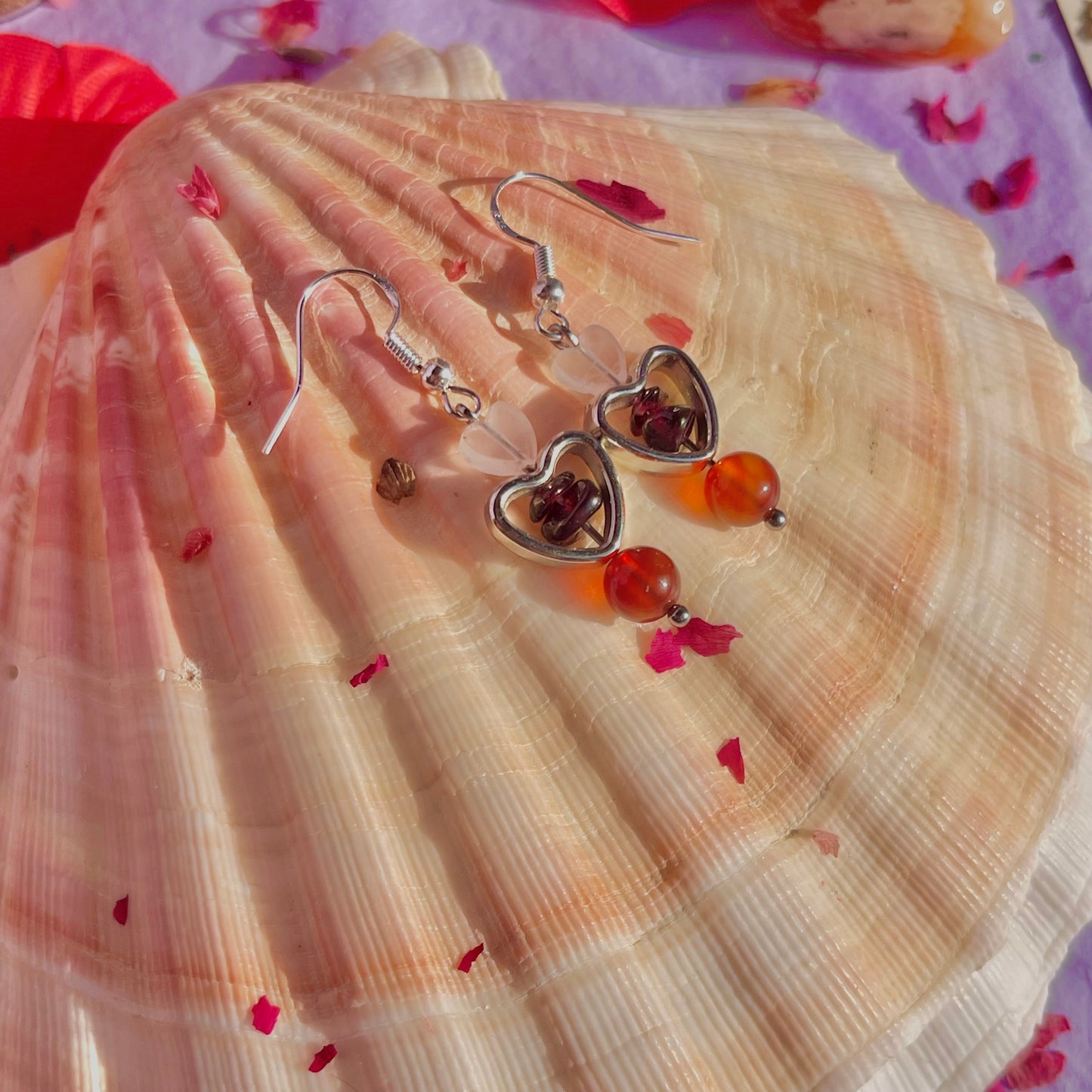all my heart earrings on 925 sterling silver hooks ~ rose quartz, garnet & carnelian
