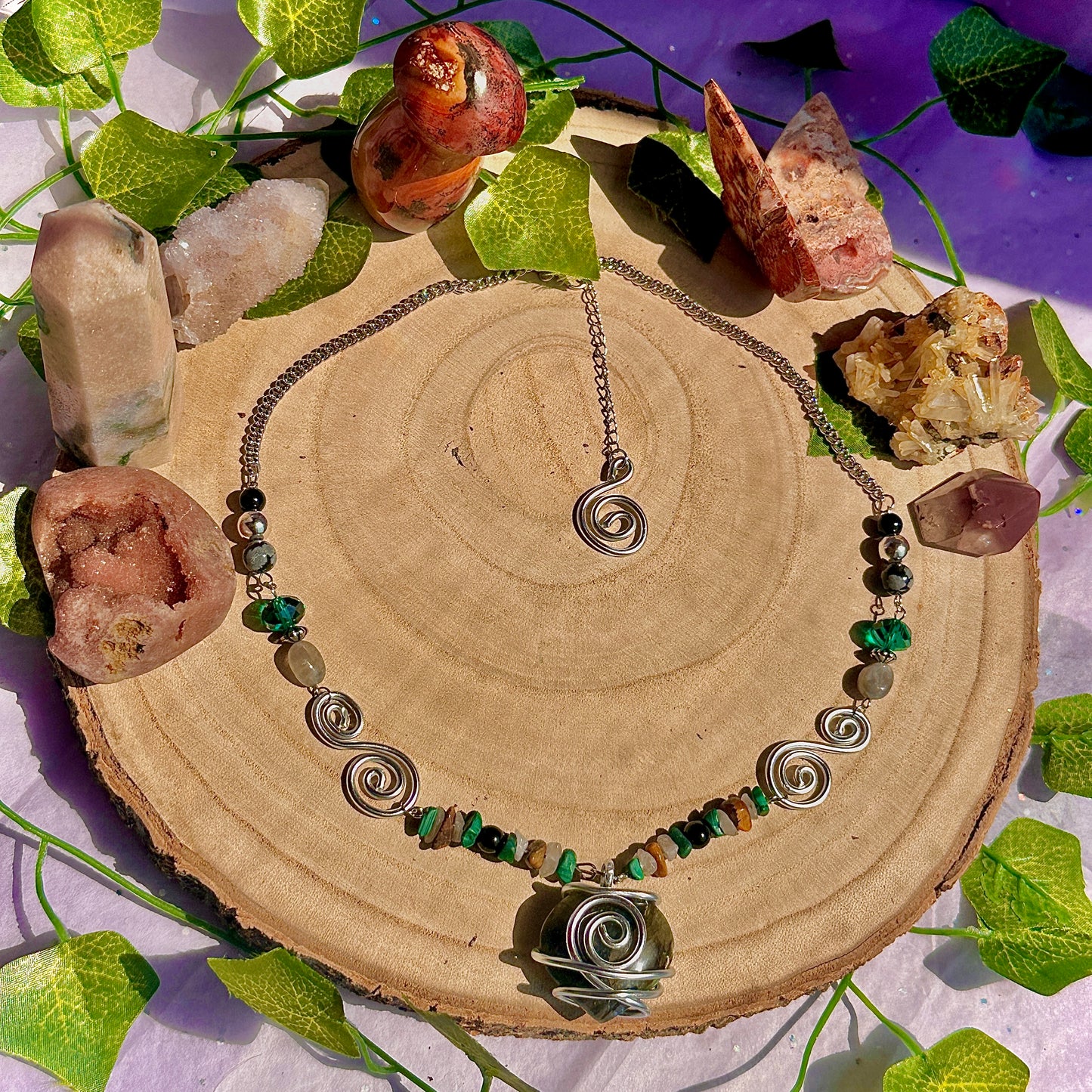 natures transformation necklace ~ labradorite, malachite, obsidian, snowflake obsidian, tigers eye, quartz