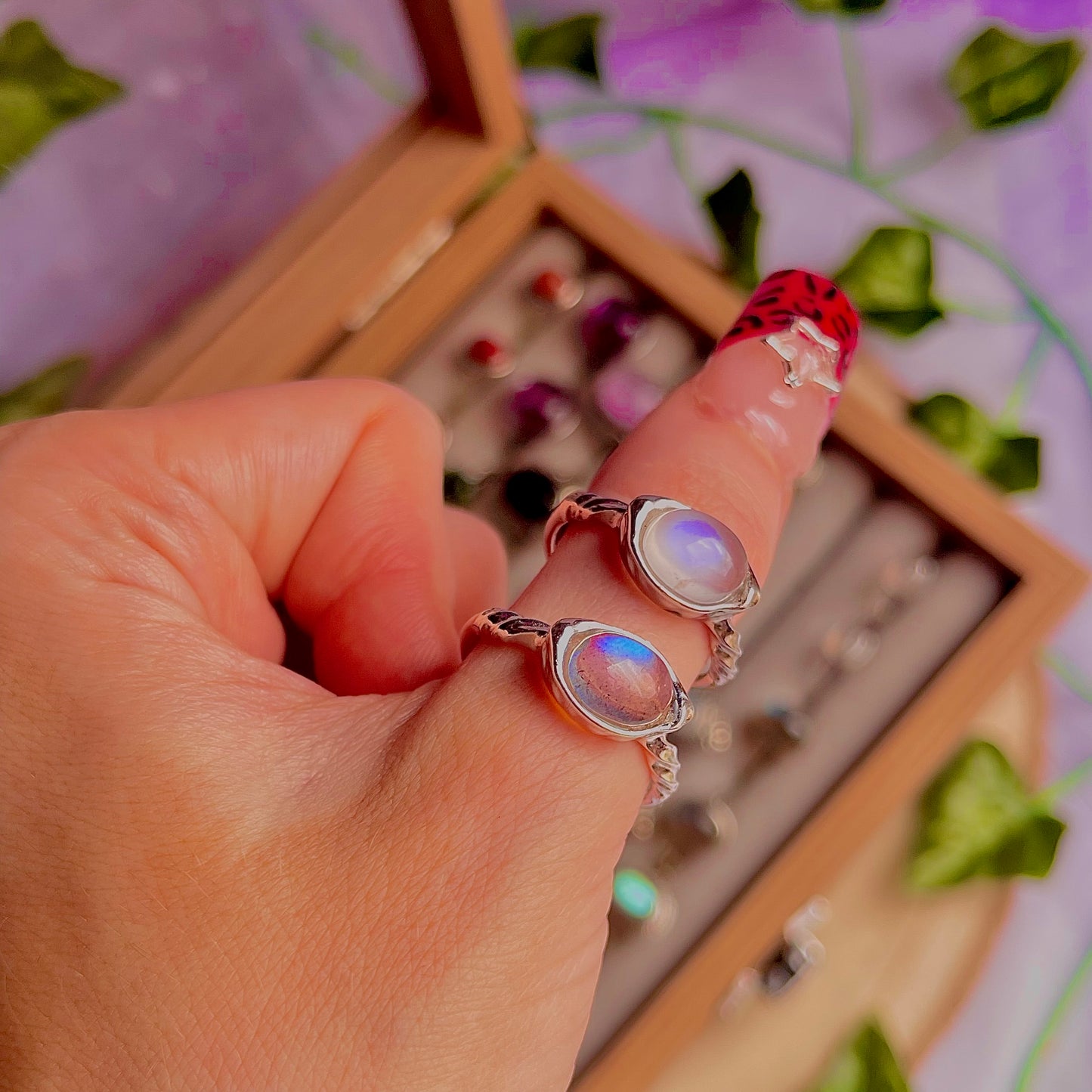 rainbow moonstone style E ~ 925 sterling silver adjustable rings / intuitively chosen