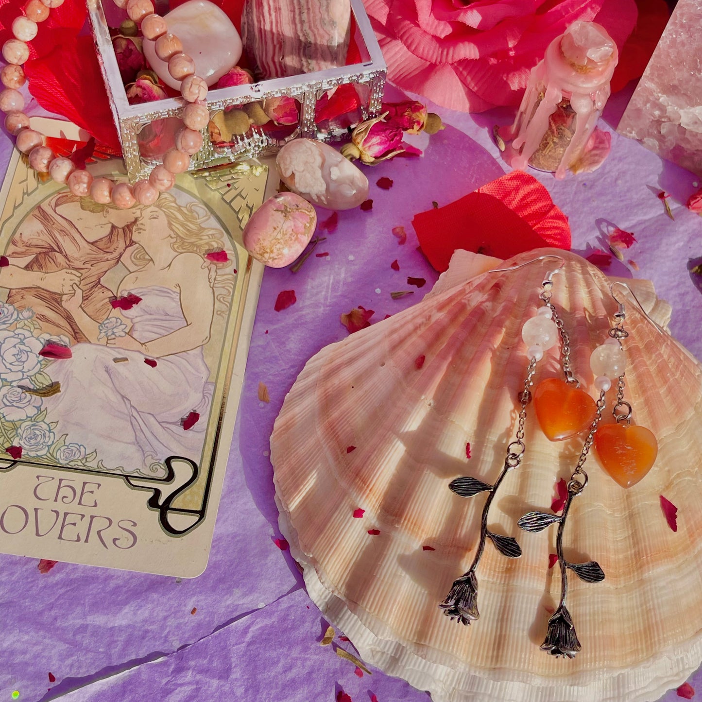 hearts & roses earrings on 925 sterling silver hooks ~ carnelian & rose quartz