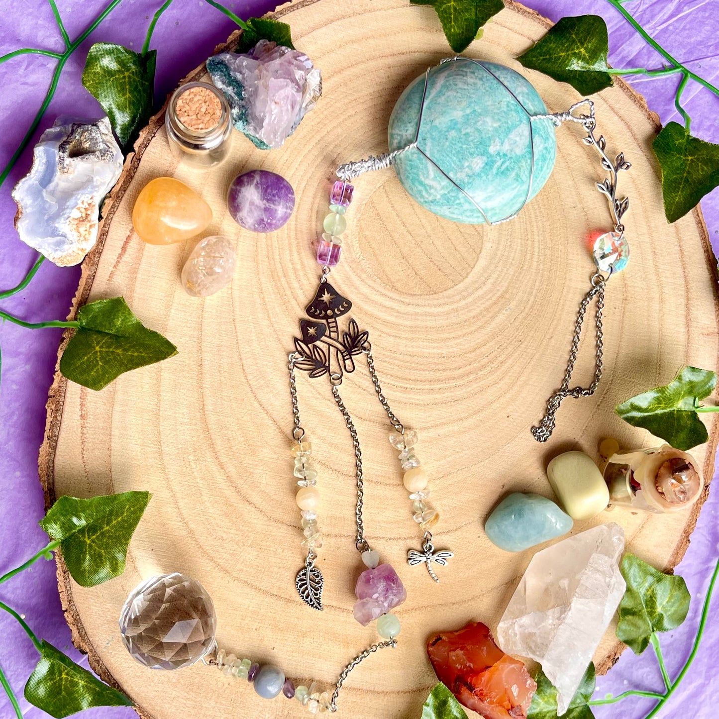 the magick tree sun catcher - amazonite, fluorite, amethyst, calcite, clear quartz, citrine & angelite