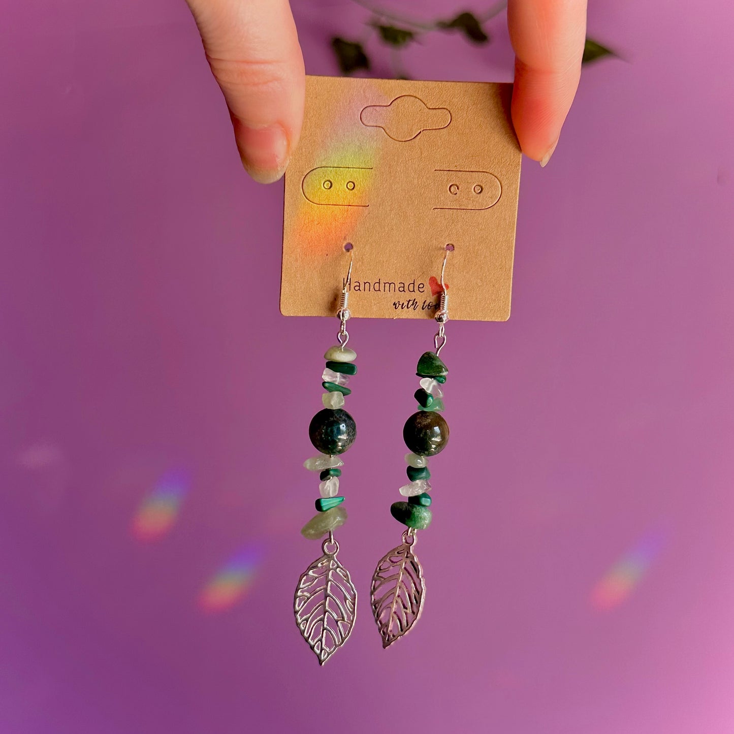 leaf earrings on 925 hooks ~ aventurine, malachite, moss agate, fluorite