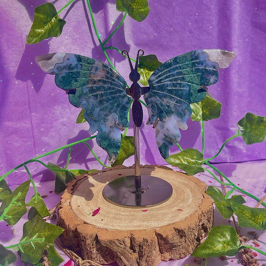 moss agate butterfly wings on stand