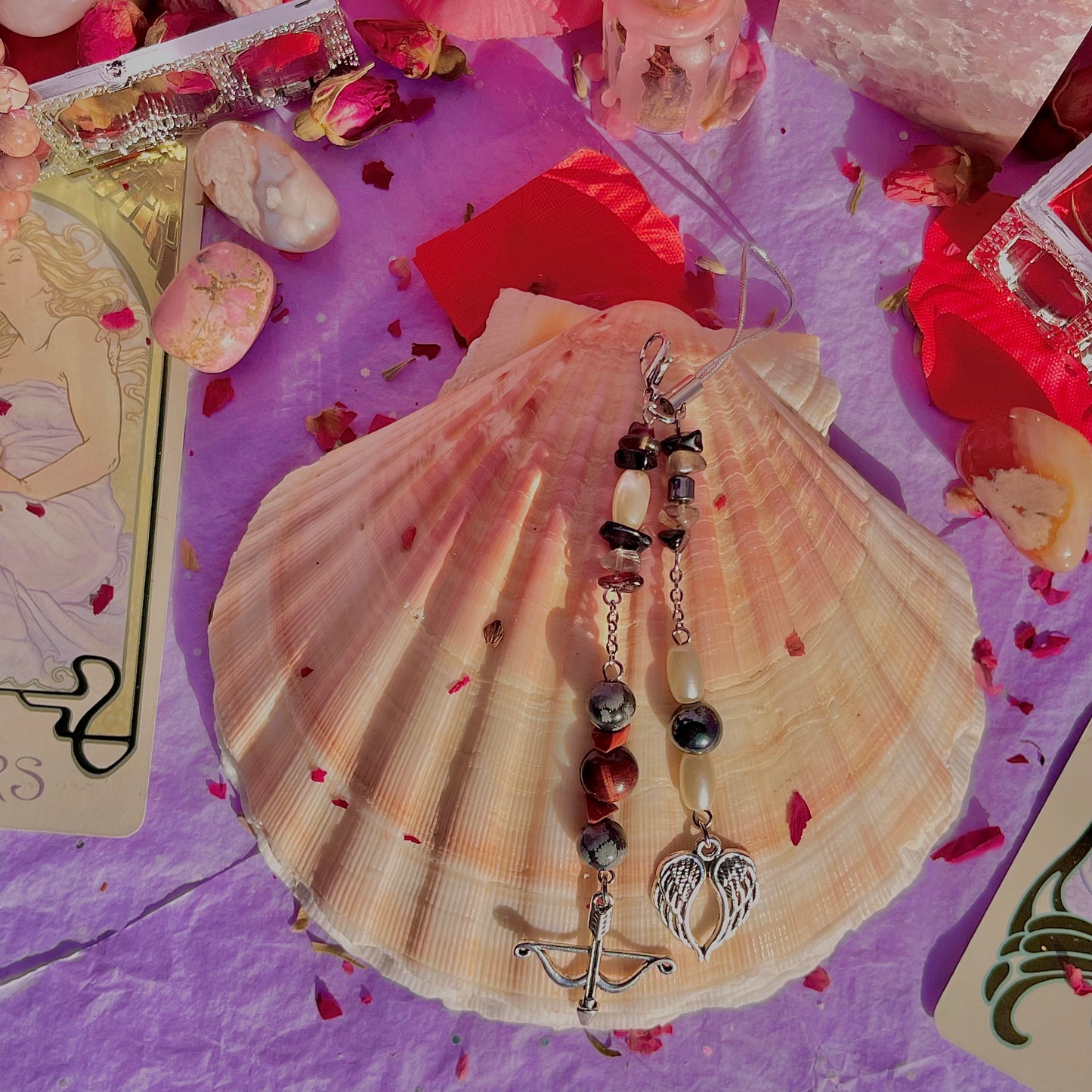 angels arrow phone charm ~ garnet, smokey quartz, black obsidian, snowflake obsidian, red jasper, red tigers eye, hematite & faux pearls
