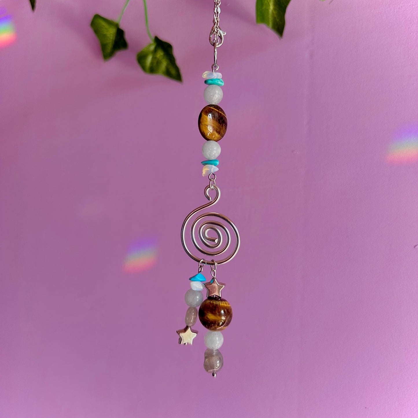 starry spiral car charm ~ aquamarine, tigers eye, opalite, dyed howlite, labradorite