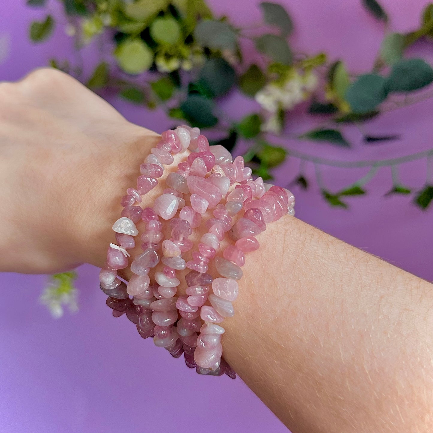lavender rose quartz chip bracelet