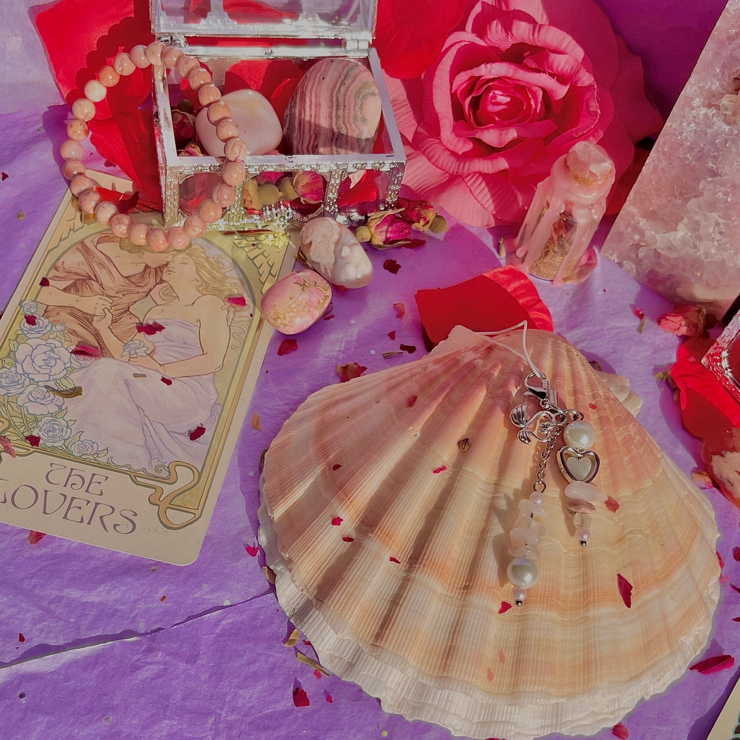 new love phone charm ~ amazonite, moonstone, rhodonite, rose quartz & faux pearls