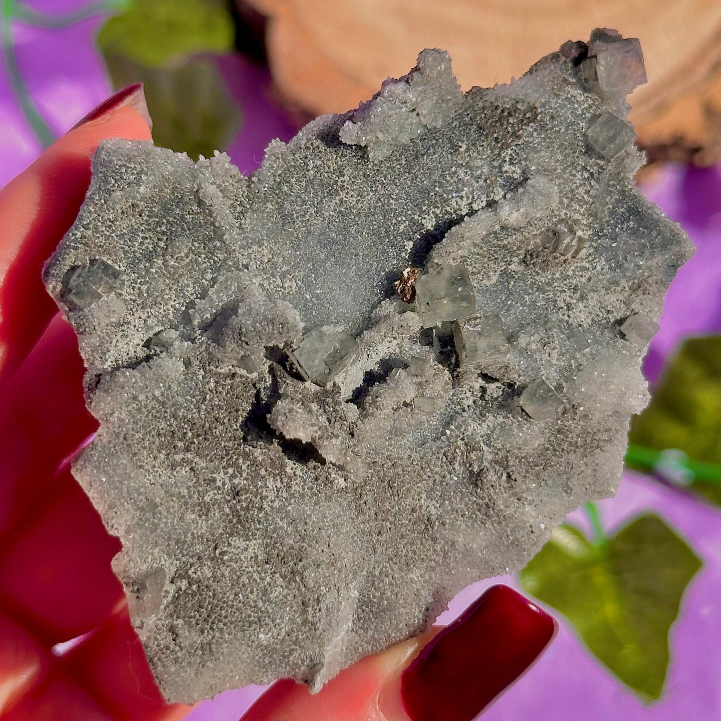 druzy quartz specimen with cubic fluorite & mini pyrite flower