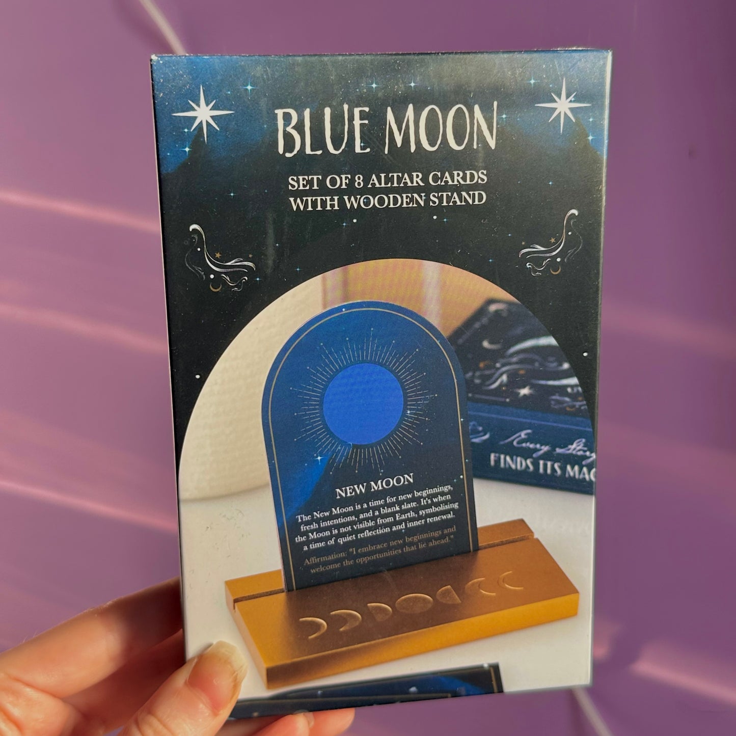 set of 8 moon phase cards with wooden stand