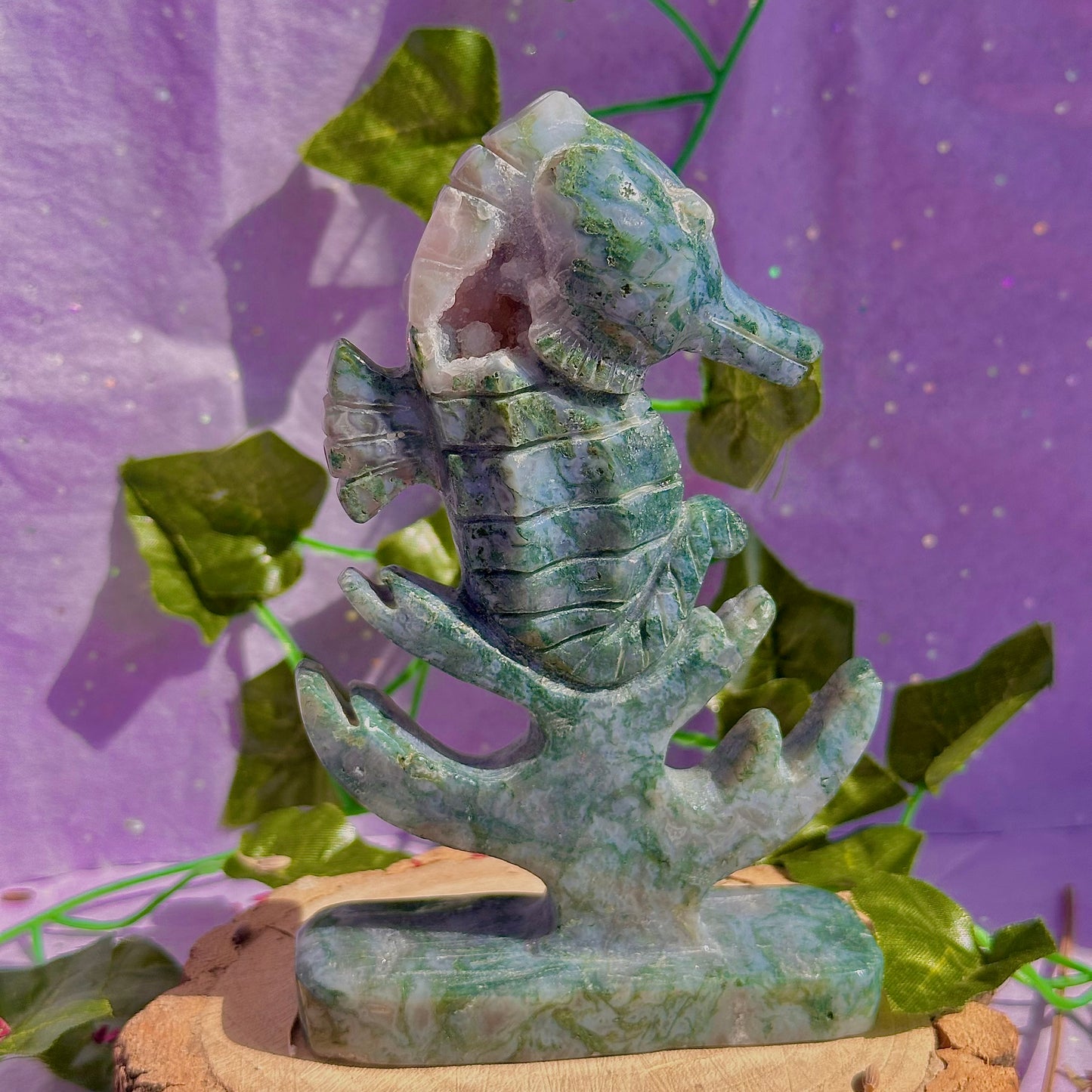 moss agate sea horse carving ~ self standing