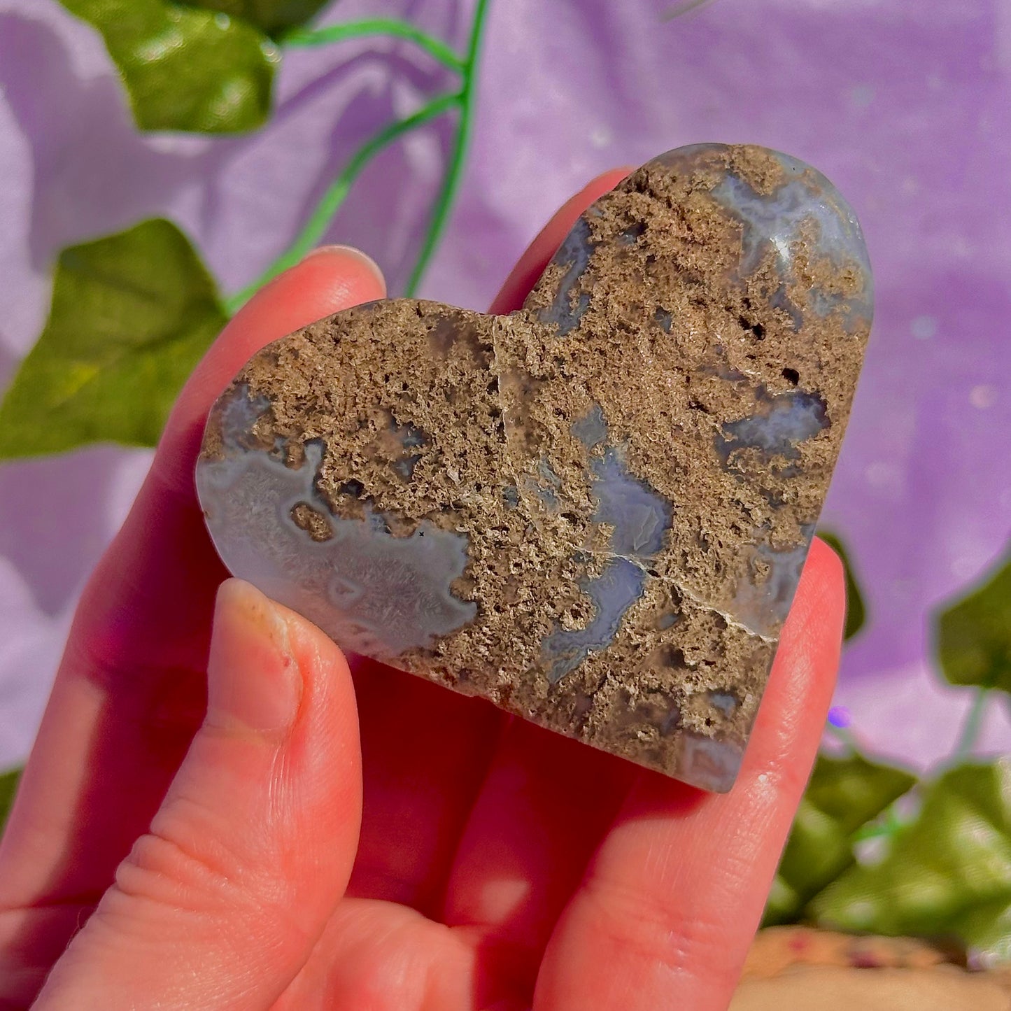 moss agate heart carving with stand