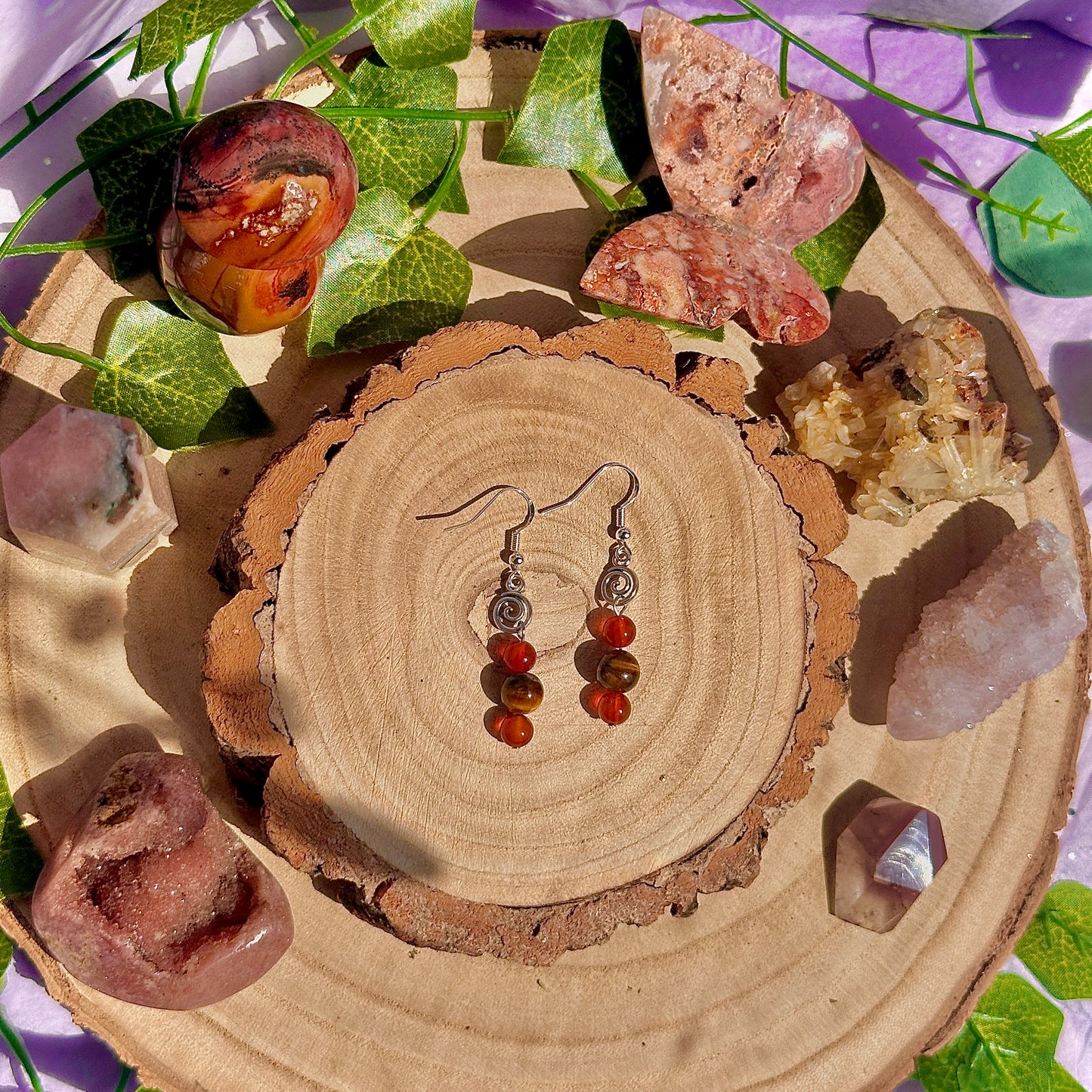 baby spiral ~ carnelian, tigers eye on 925 hooks