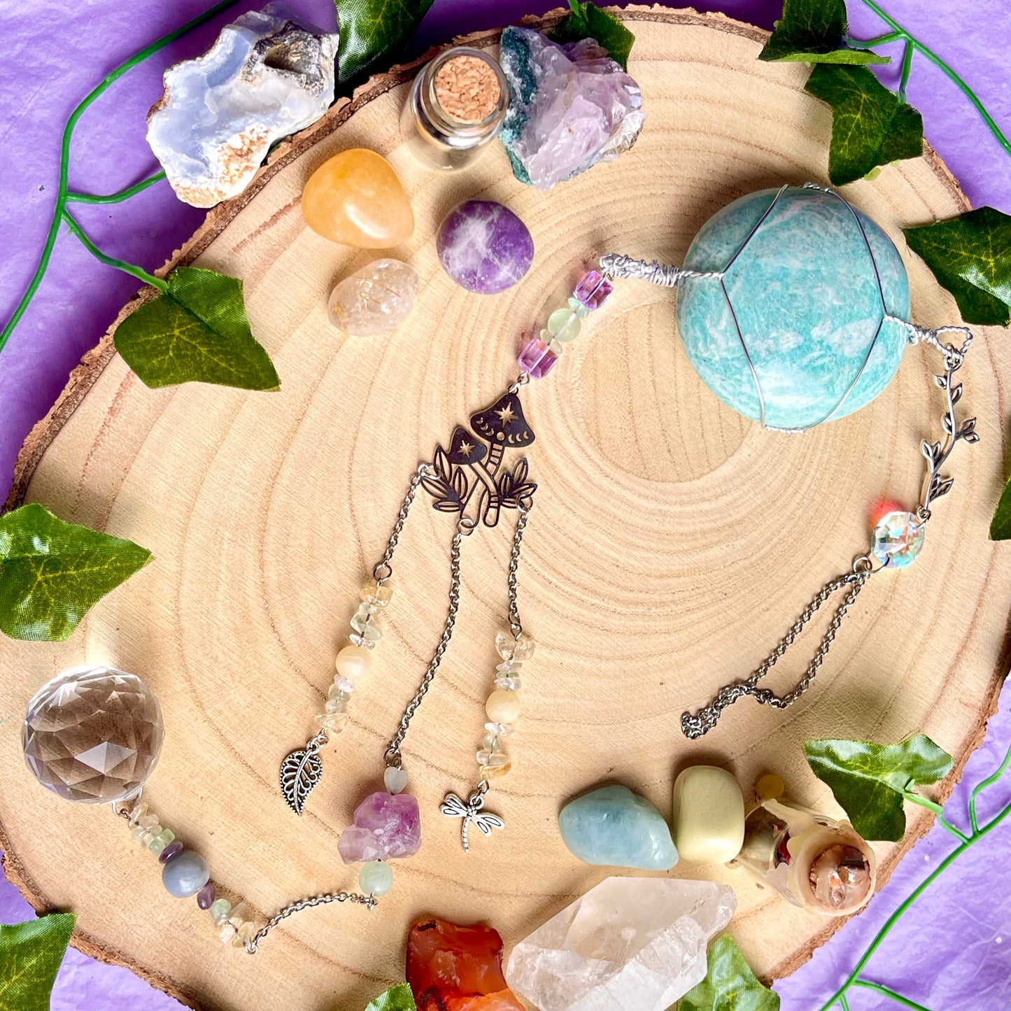 the magick tree sun catcher - amazonite, fluorite, amethyst, calcite, clear quartz, citrine & angelite