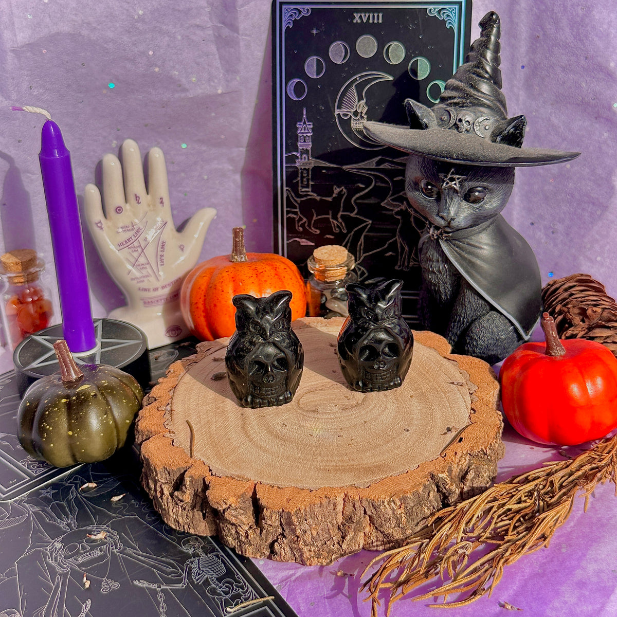 obsidian skull owl carving