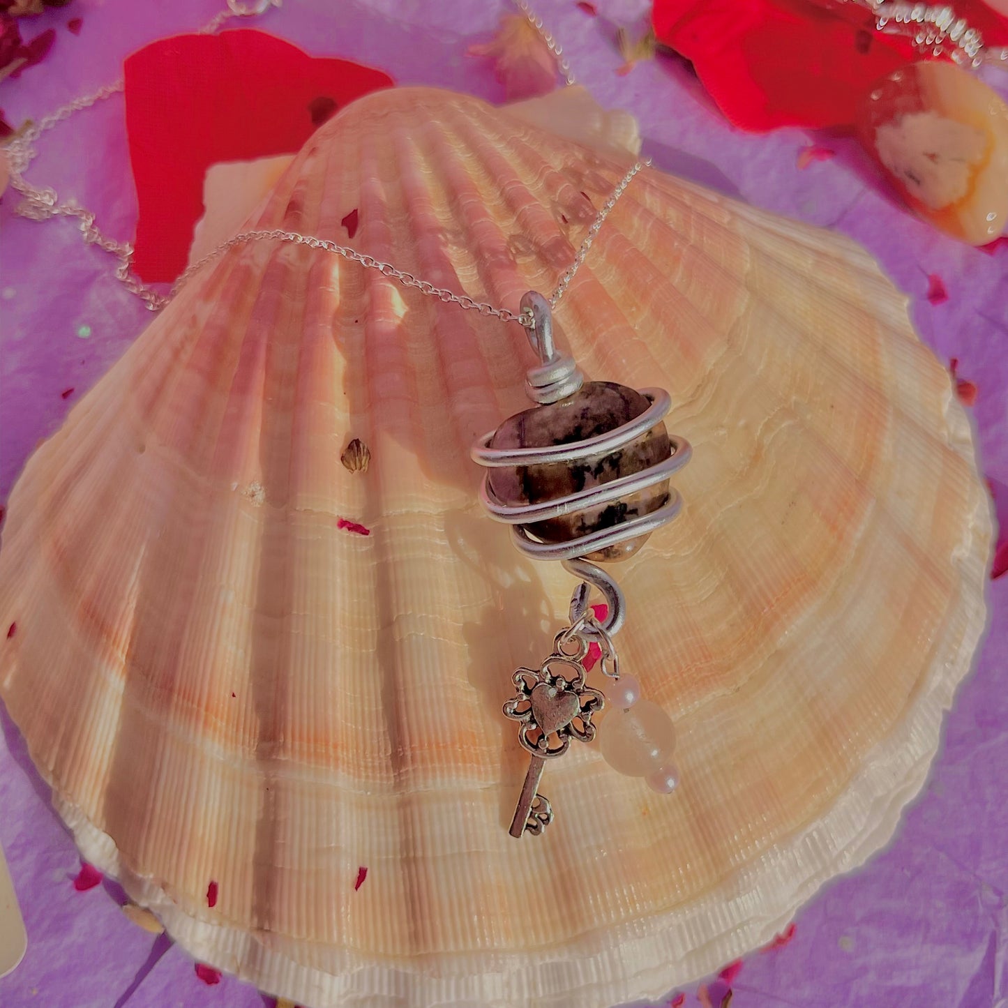 wrapped around my heart necklace sterling silver plated 18 inch chain ~ rhodonite, morganite with faux pearls