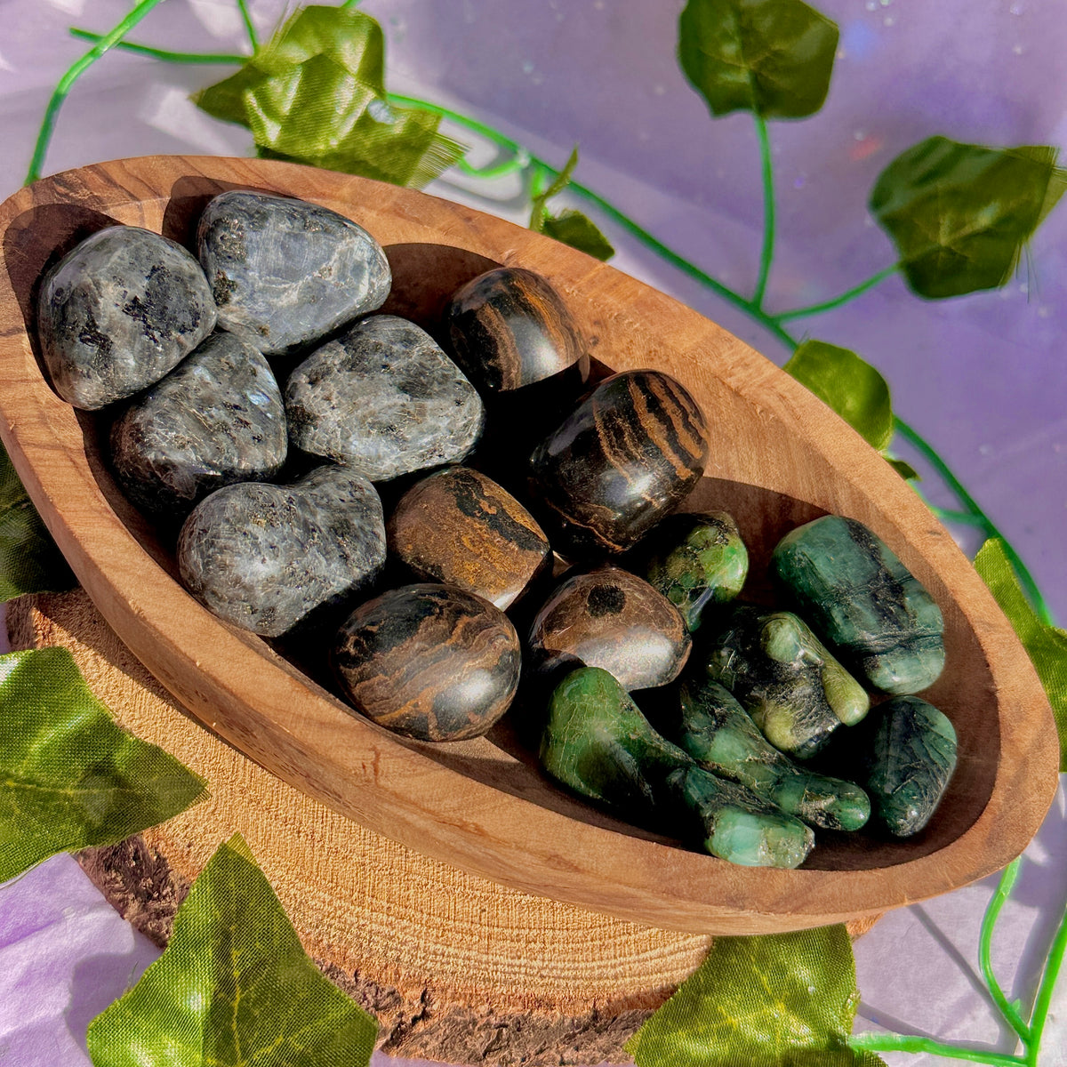 larvikite / stromatolite / emerald tumbles ~ preloved