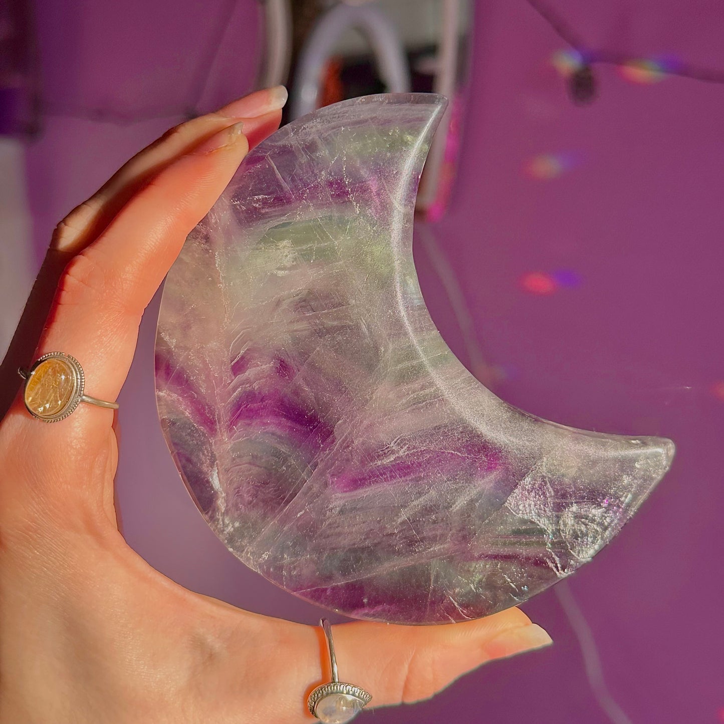 rainbow fluorite moon carving