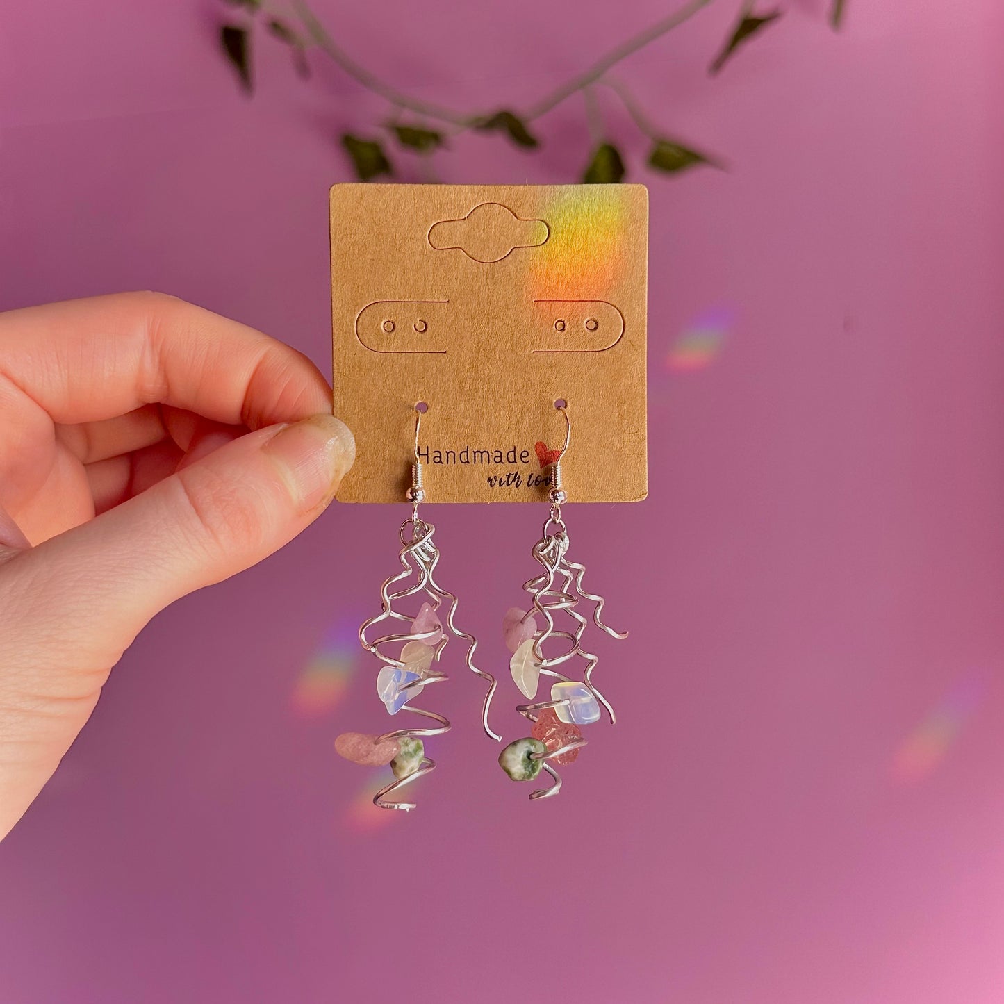 spiral earrings on 925 hooks ~ opalite, tree agate, lepidolite, strawberry quartz