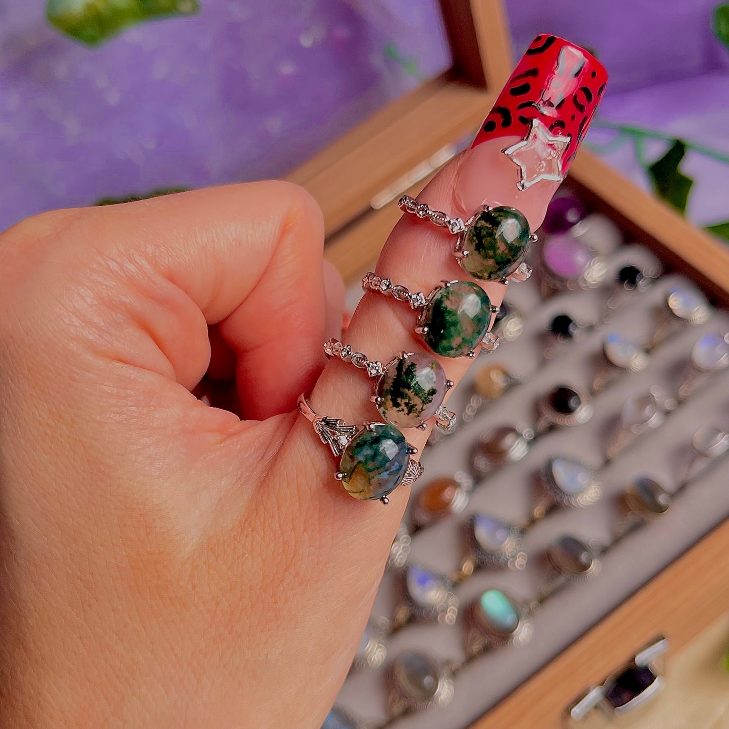 moss agate style B ~ 925 sterling silver adjustable rings / choose your own