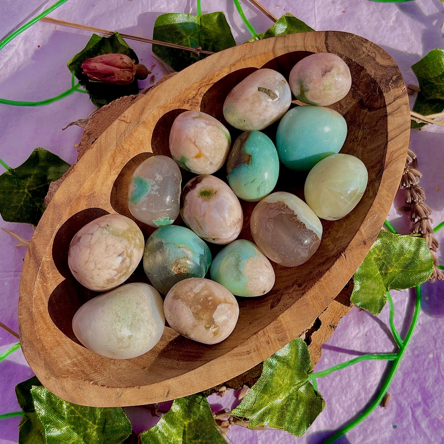 green flower agate tumbles