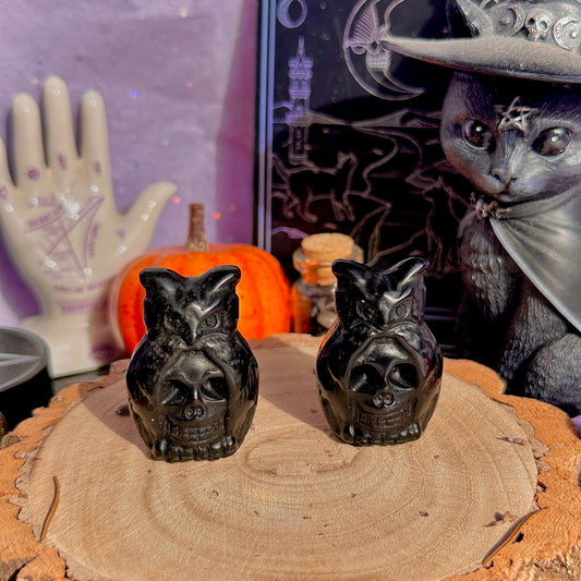 obsidian skull owl carving
