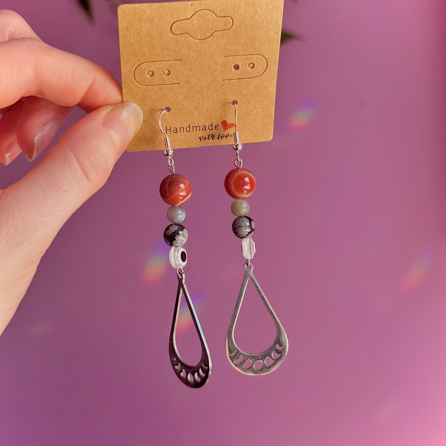 moon phase earrings on 925 hooks ~ carnelian, snowflake obsidian, labradorite