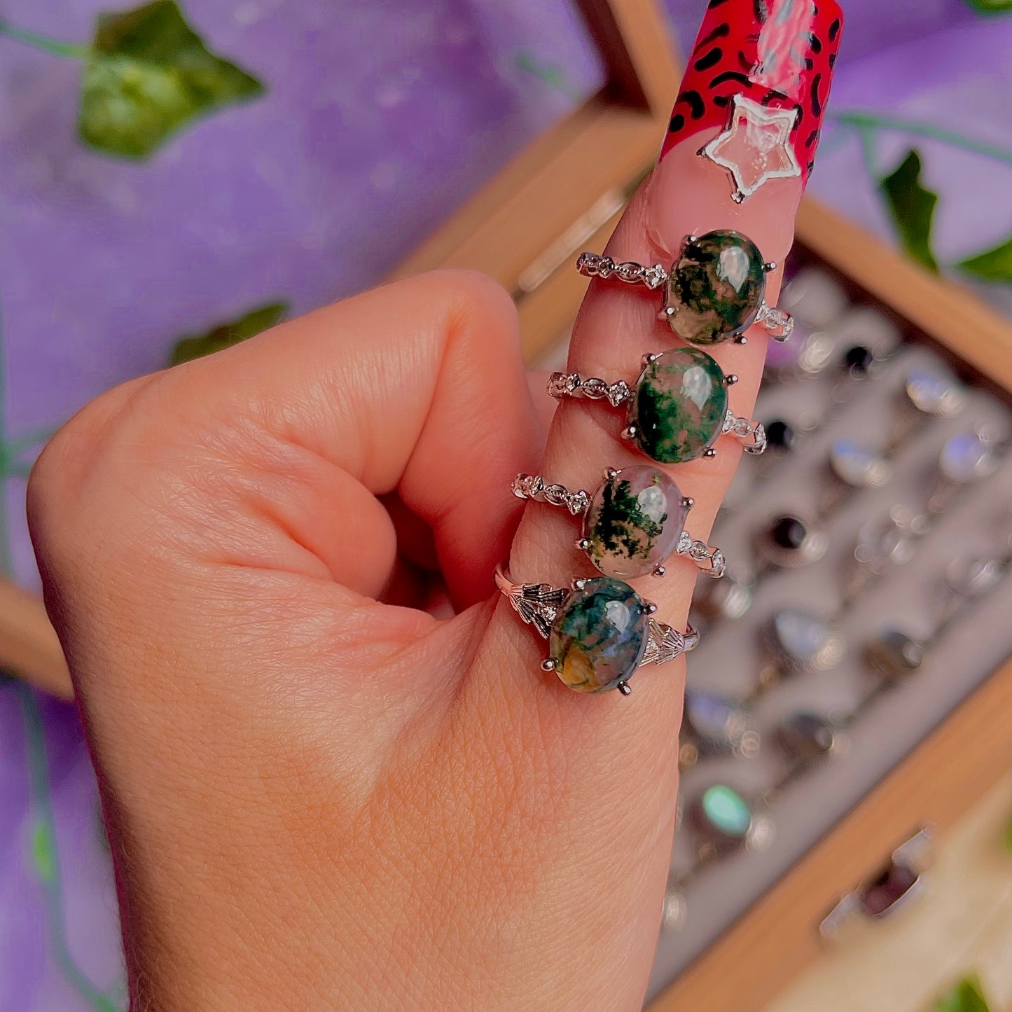 moss agate style B ~ 925 sterling silver adjustable rings / choose your own