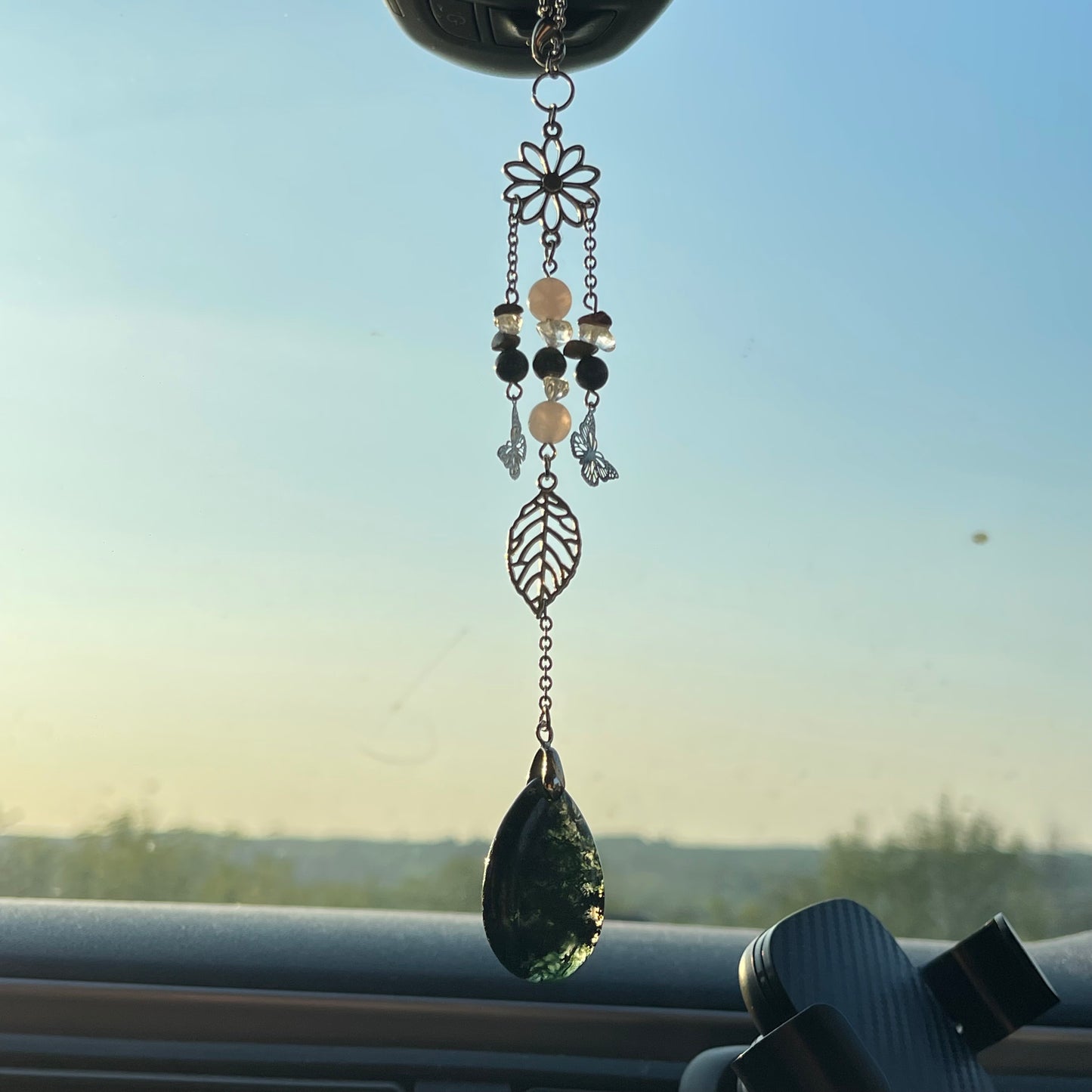 balance car charm - moss agate, unakite, rose quartz & clear quartz