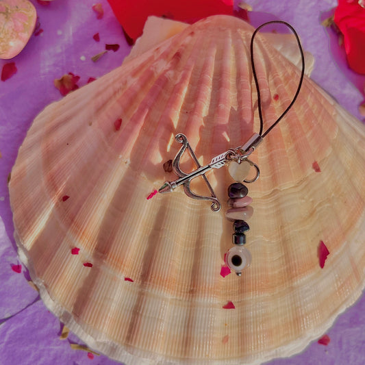 bow and arrow heart phone charm ~ amazonite, black obsidian, rhodonite & hematite