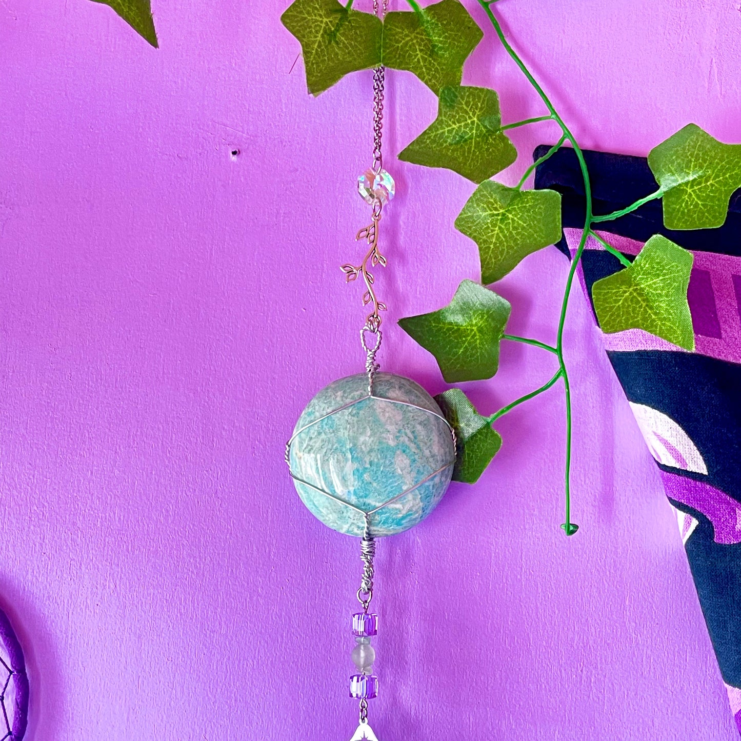the magick tree sun catcher - amazonite, fluorite, amethyst, calcite, clear quartz, citrine & angelite