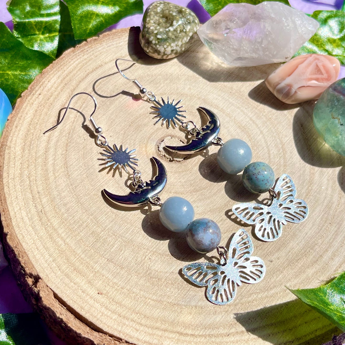 summer wings earrings - angelite & moss agate on 925 hooks