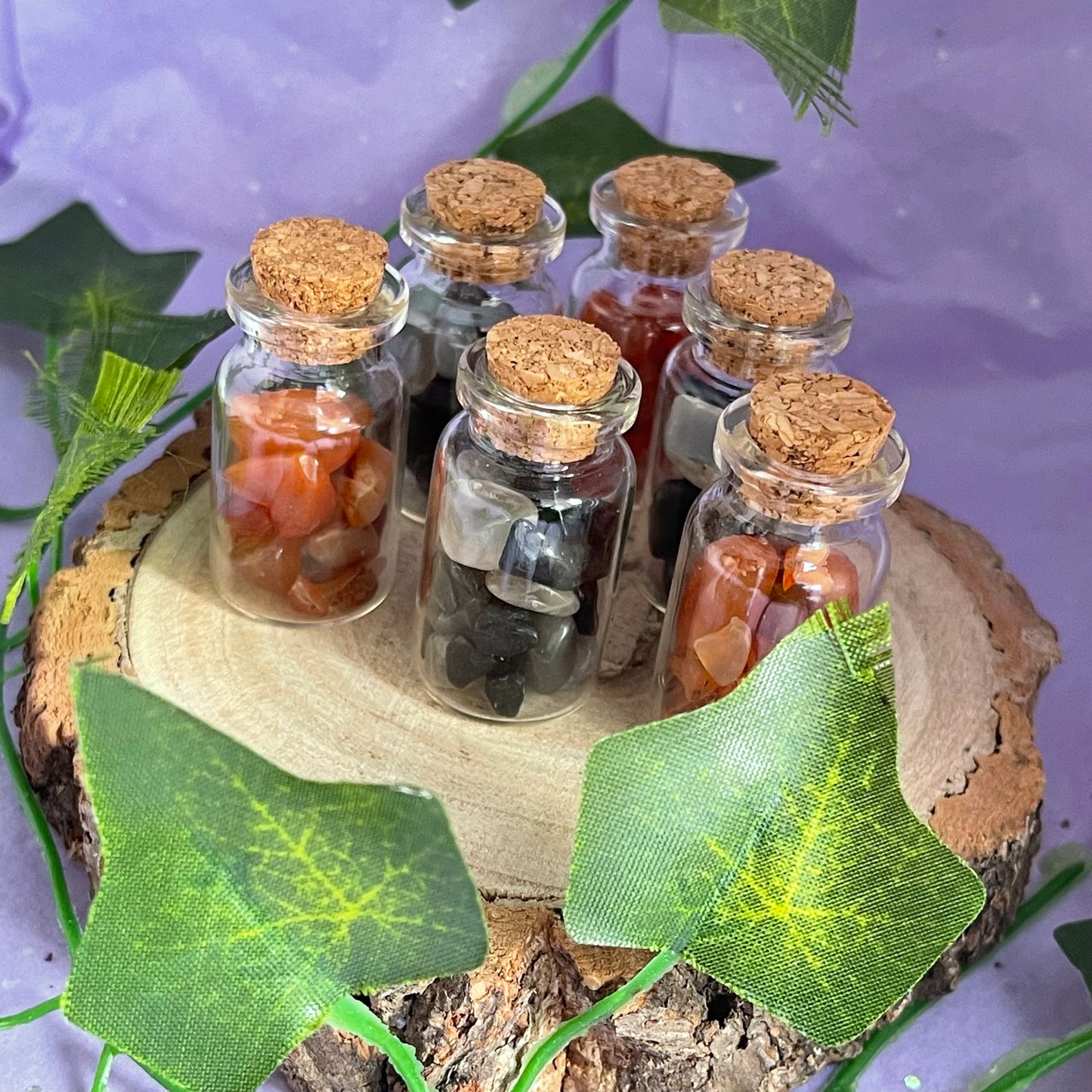 crystal vials - carnelian, black tourmaline & black moonstone