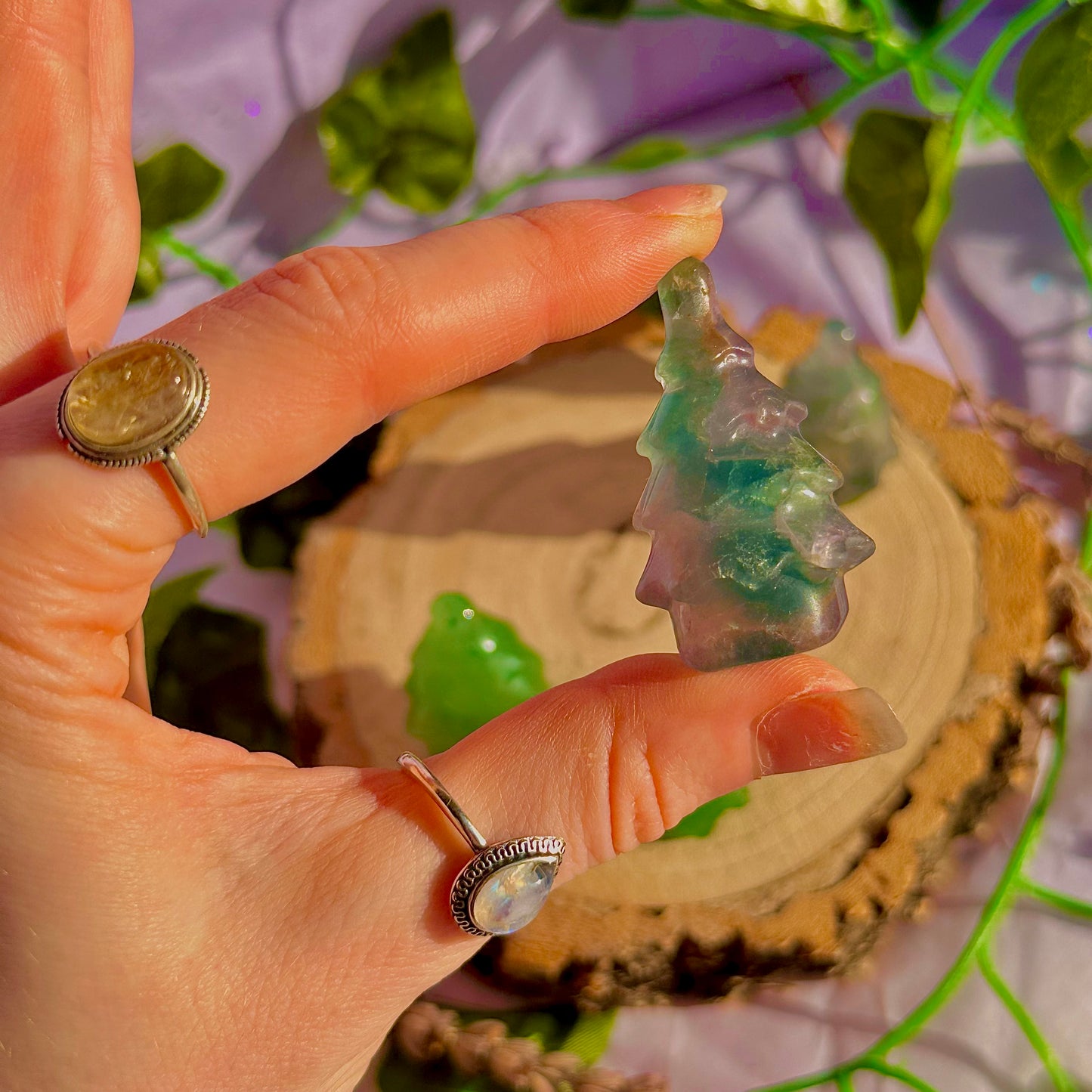 Sculptures de sapins de Noël, aventurine verte et fluorite arc-en-ciel ~ choisissez la vôtre