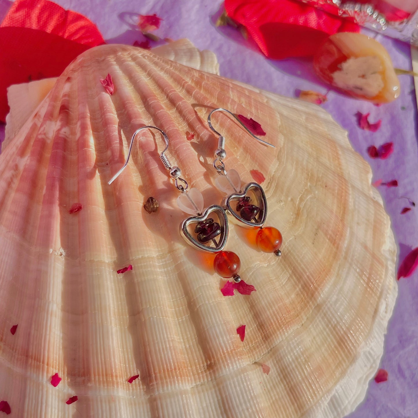 all my heart earrings on 925 sterling silver hooks ~ rose quartz, garnet & carnelian